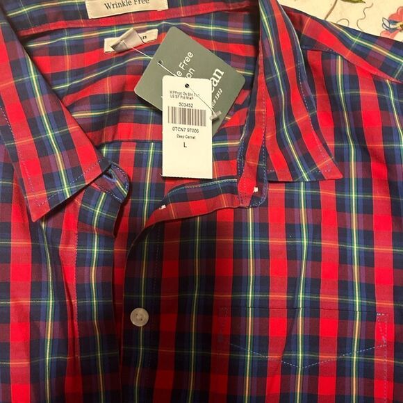 NEW LL Bean Wrinkle Free Cotton Pinpoint Oxford “Deep Garnet” Plaid L $29 OBO - Picture 2 of 2